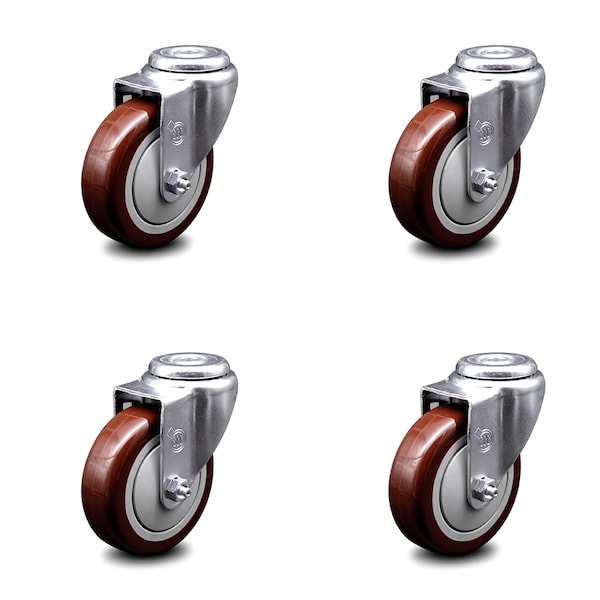 4 Inch Maroon Polyurethane Wheel Swivel Bolt Hole Caster Set